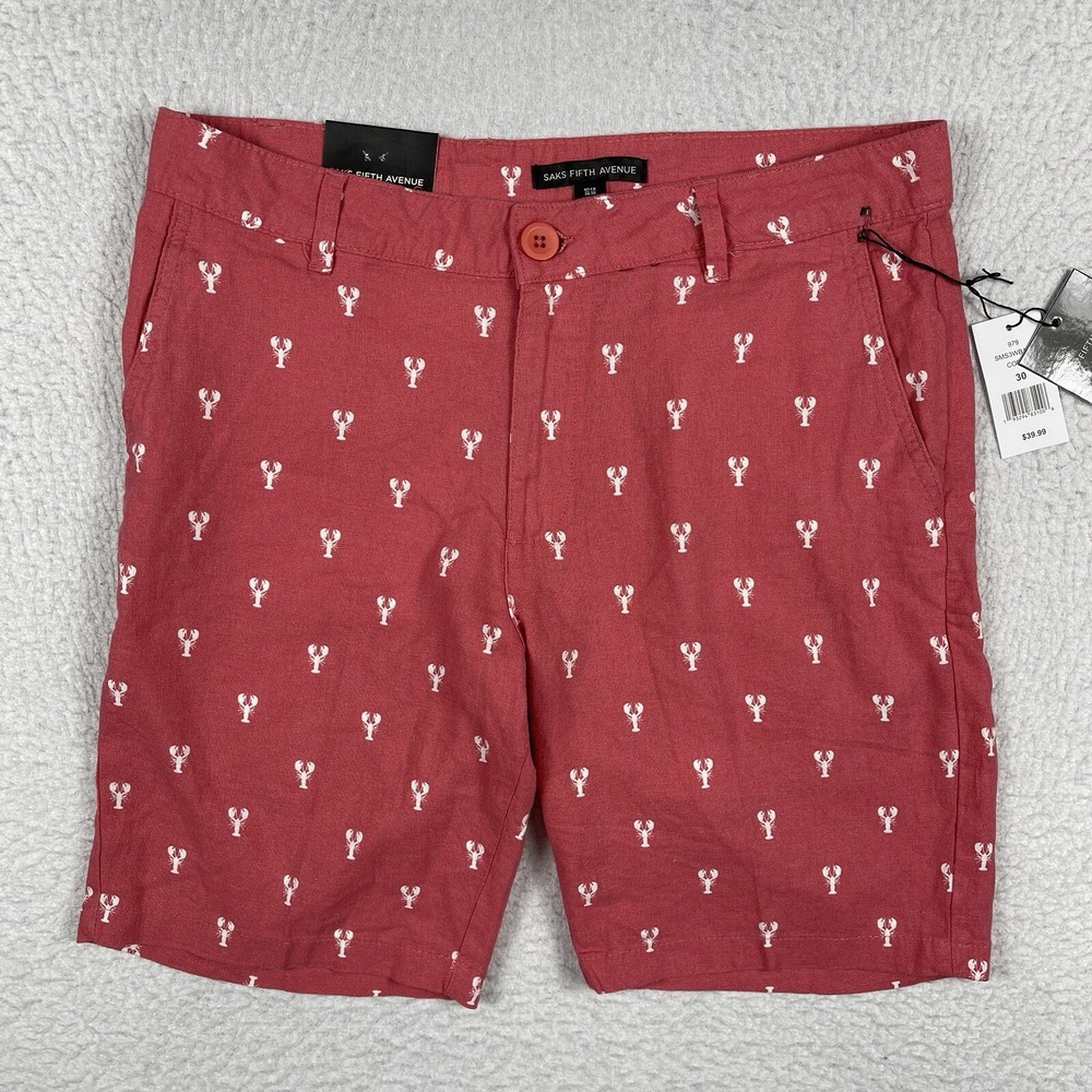 Saks Fifth Avenue Shorts Mens‎ 30 Coral Linen Lobster Embroidered Preppy Coastal
